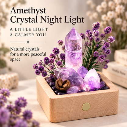 Rechargeable Amethyst Crystal Garden Night Light – Wooden Base & Dried Flowers