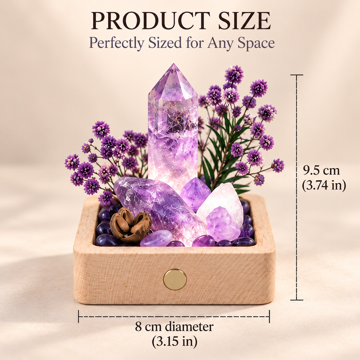 Rechargeable Amethyst Crystal Garden Night Light – Wooden Base & Dried Flowers