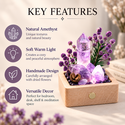 Rechargeable Amethyst Crystal Garden Night Light – Wooden Base & Dried Flowers