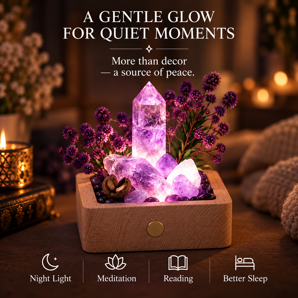 Rechargeable Amethyst Crystal Garden Night Light – Wooden Base & Dried Flowers