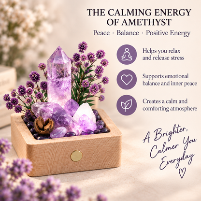 Rechargeable Amethyst Crystal Garden Night Light – Wooden Base & Dried Flowers