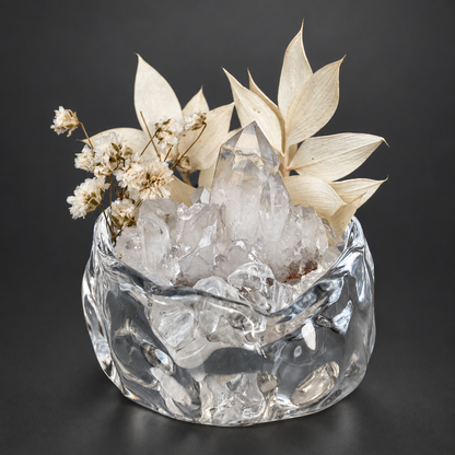 Clear Quartz Crystal Garden – Ivory Flowers & Sculptural Glass Bowl