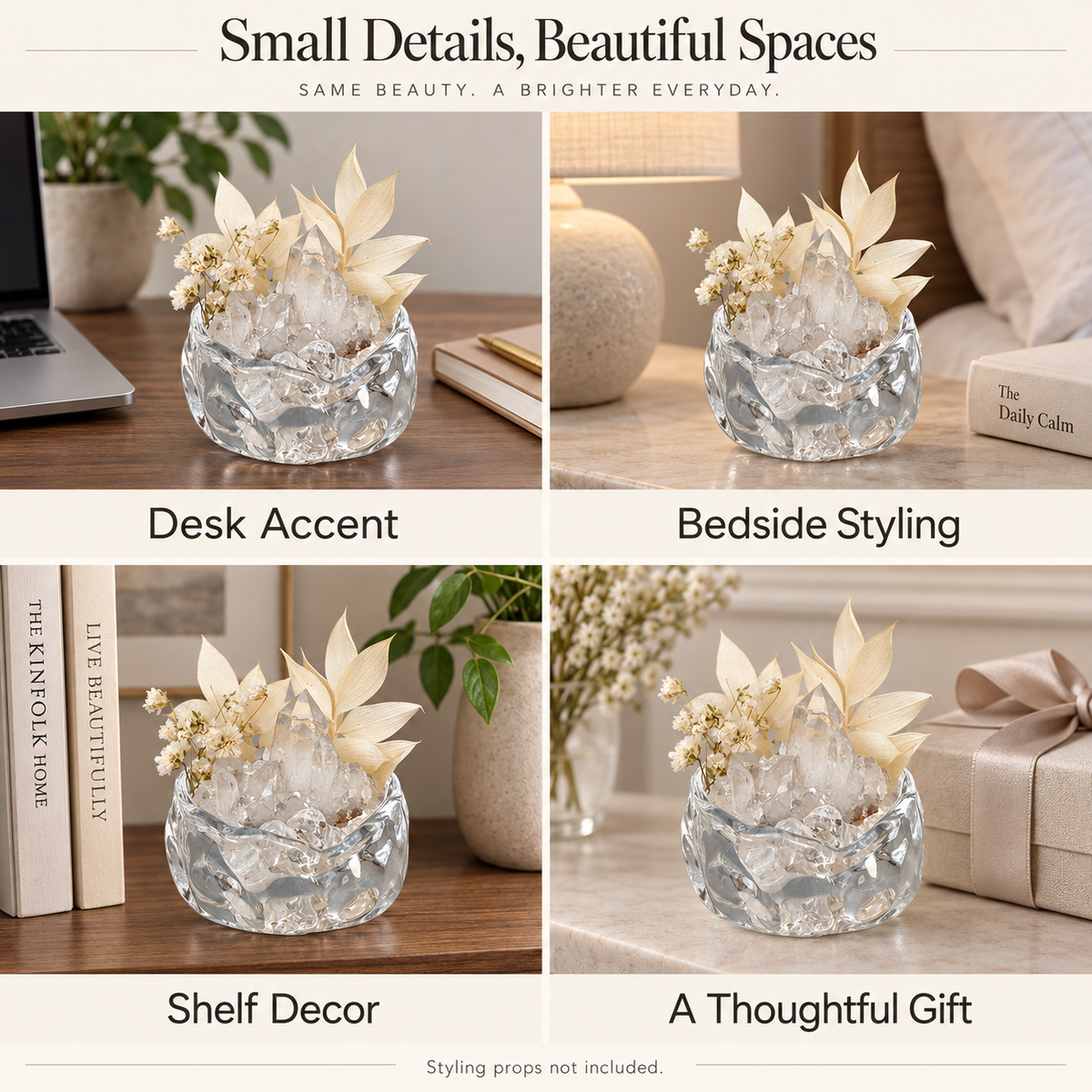 Clear Quartz Crystal Garden – Ivory Flowers & Sculptural Glass Bowl