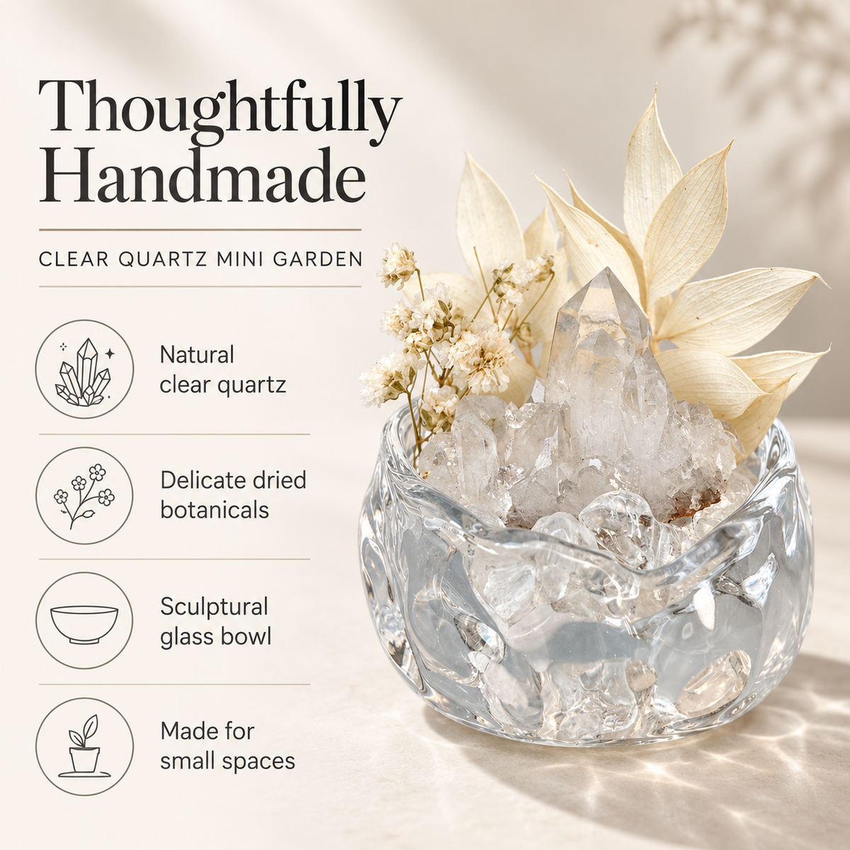 Clear Quartz Crystal Garden – Ivory Flowers & Sculptural Glass Bowl