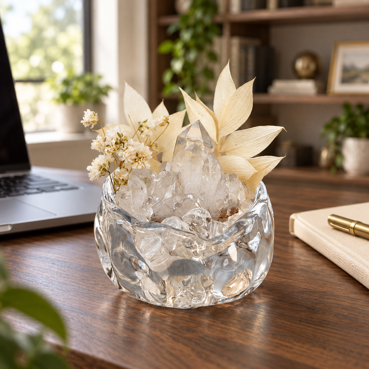 Clear Quartz Crystal Garden – Ivory Flowers & Sculptural Glass Bowl