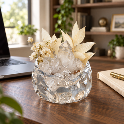 Clear Quartz Crystal Garden – Ivory Flowers & Sculptural Glass Bowl