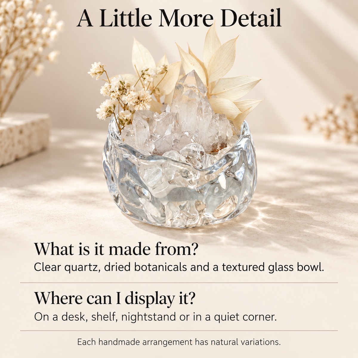 Clear Quartz Crystal Garden – Ivory Flowers & Sculptural Glass Bowl