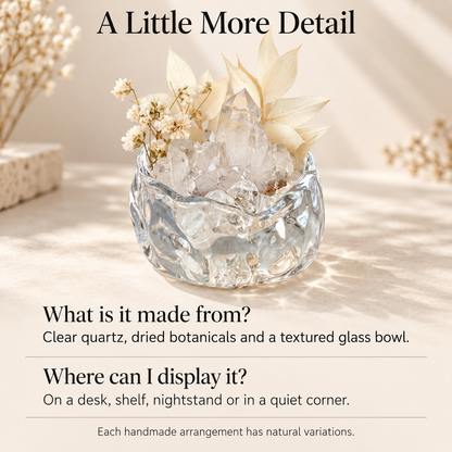 Clear Quartz Crystal Garden – Ivory Flowers & Sculptural Glass Bowl
