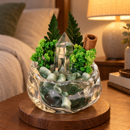 Green Crystal Garden – Clear Crystal Point & Botanical Decor