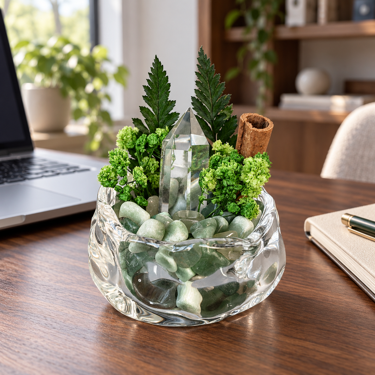 Green Crystal Garden – Clear Crystal Point & Botanical Decor