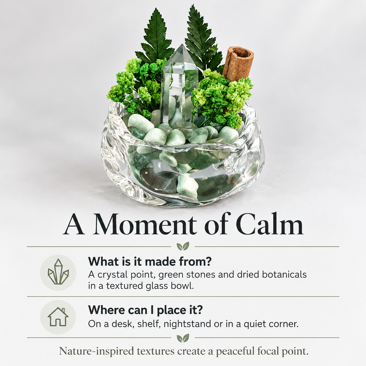 Green Crystal Garden – Clear Crystal Point & Botanical Decor