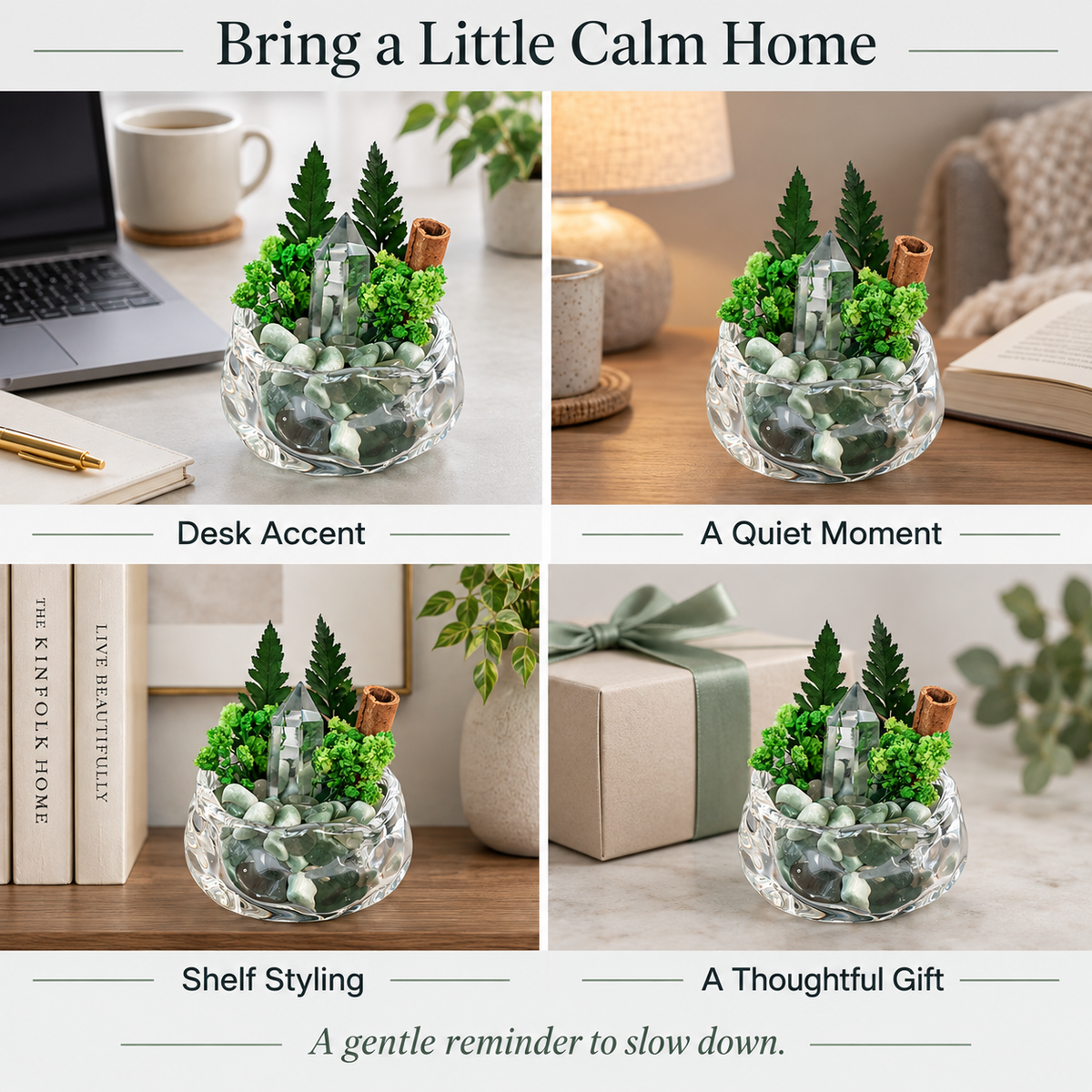 Green Crystal Garden – Clear Crystal Point & Botanical Decor