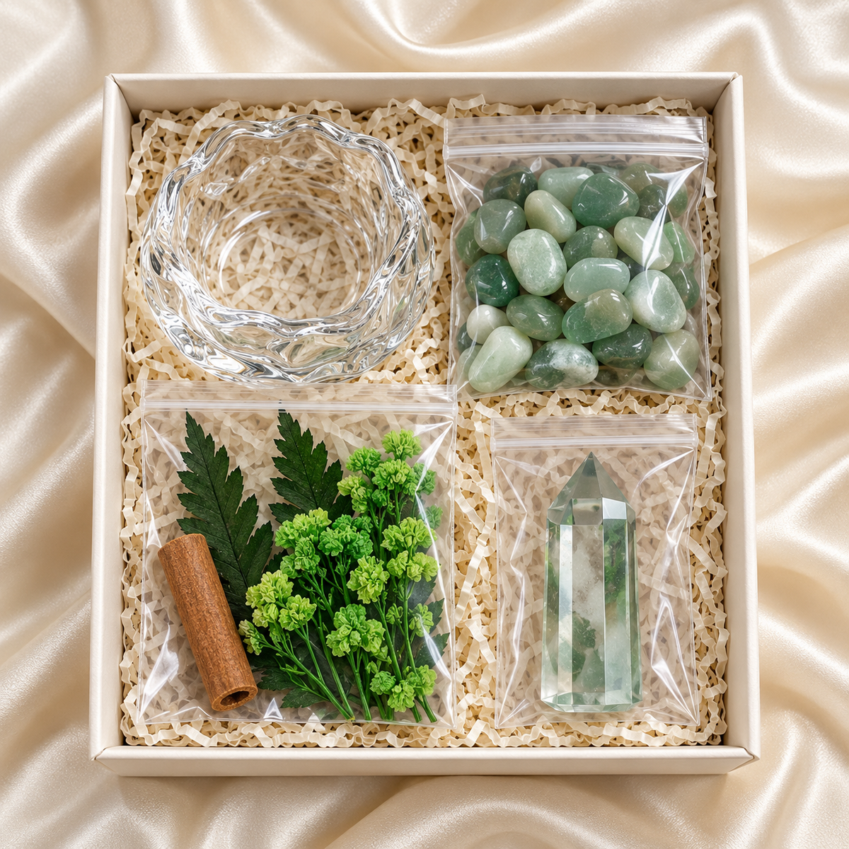 Green Crystal Garden – Clear Crystal Point & Botanical Decor