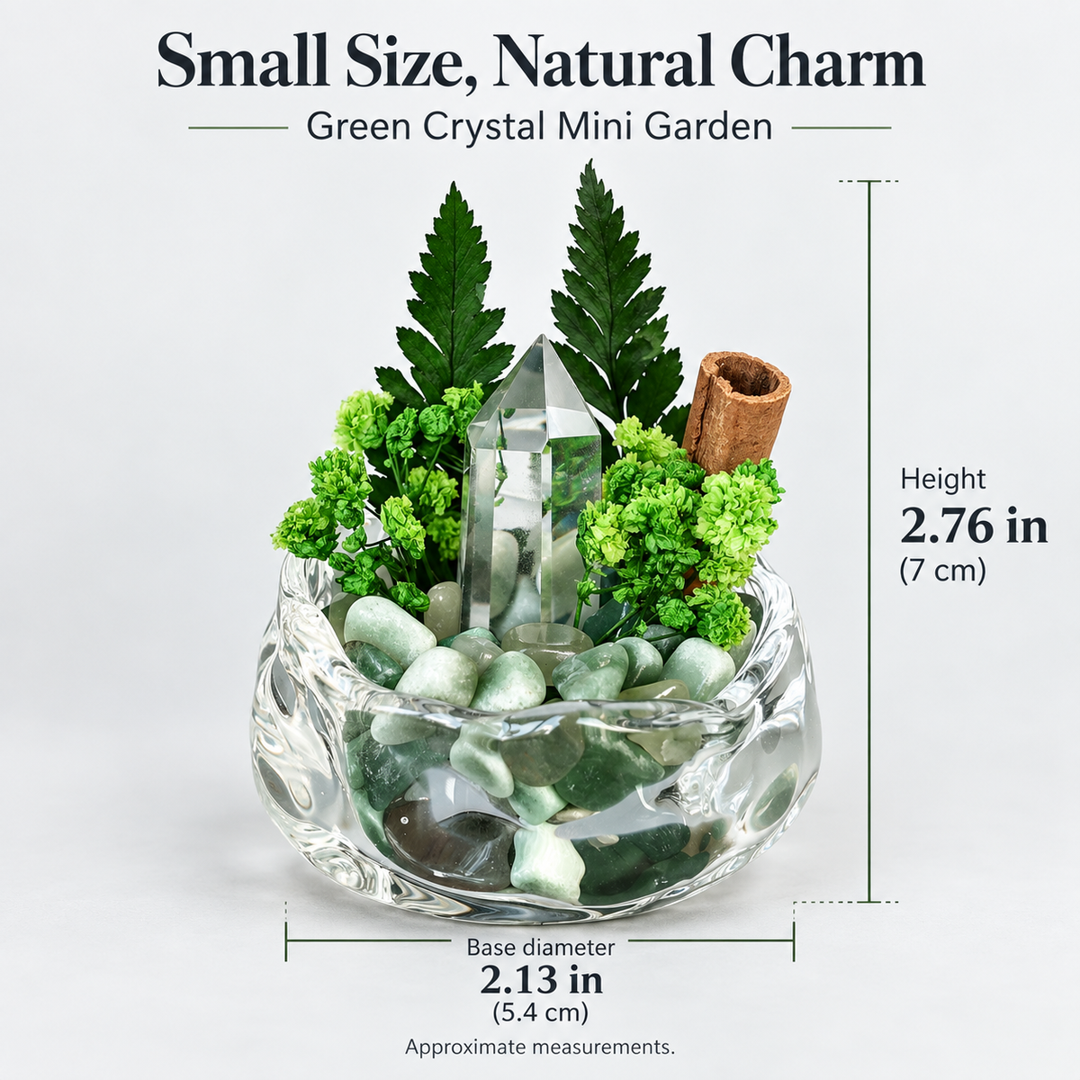 Green Crystal Garden – Clear Crystal Point & Botanical Decor