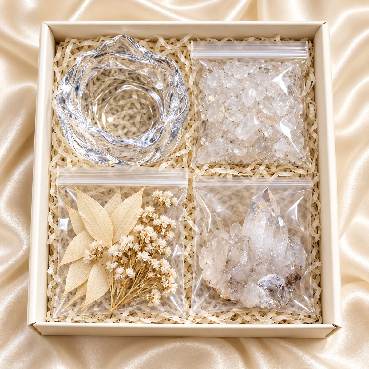 Clear Quartz Crystal Garden – Ivory Flowers & Sculptural Glass Bowl