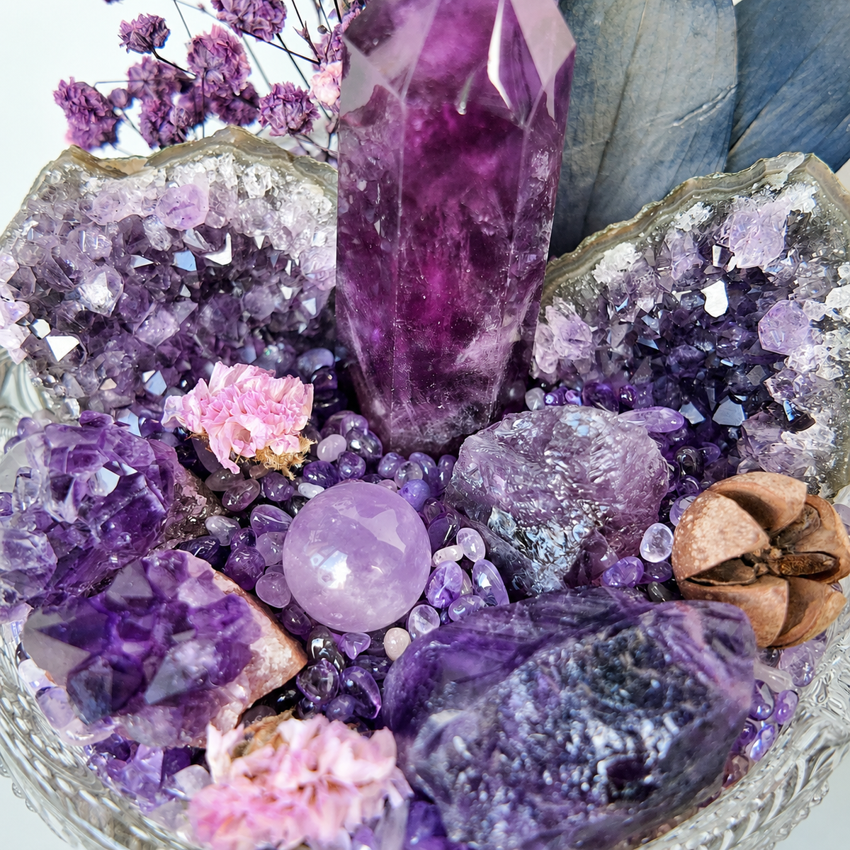 Amethyst Crystal Garden – Geode, Tower & Sphere