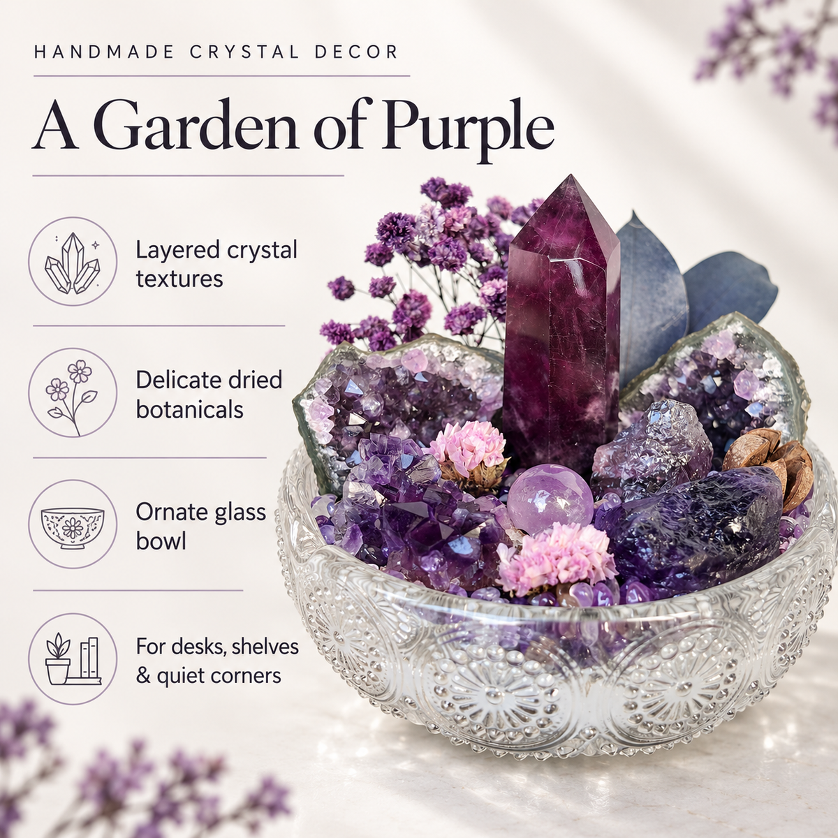 Amethyst Crystal Garden – Geode, Tower & Sphere