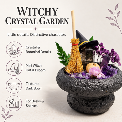 Witchy Crystal Garden – Mini Broom & Pumpkin Decor