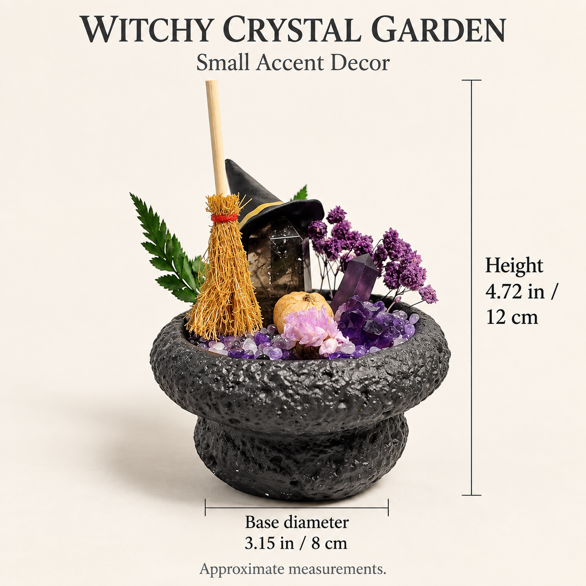 Witchy Crystal Garden – Mini Broom & Pumpkin Decor