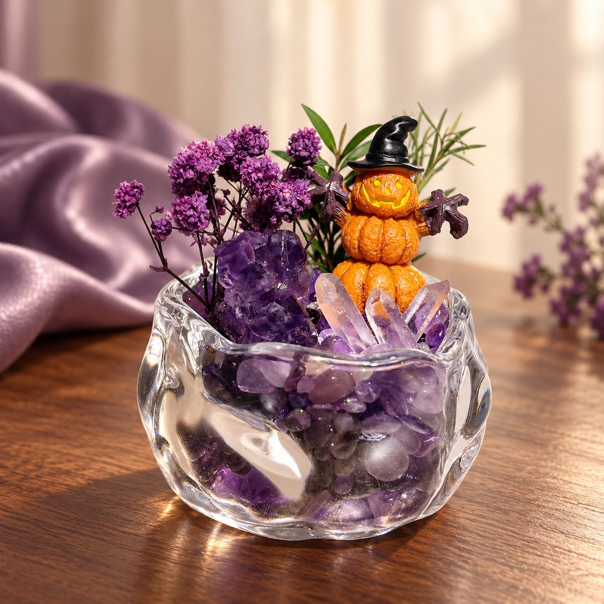 Amethyst & Clear Quartz Pumpkin Garden – Mini Halloween Decor