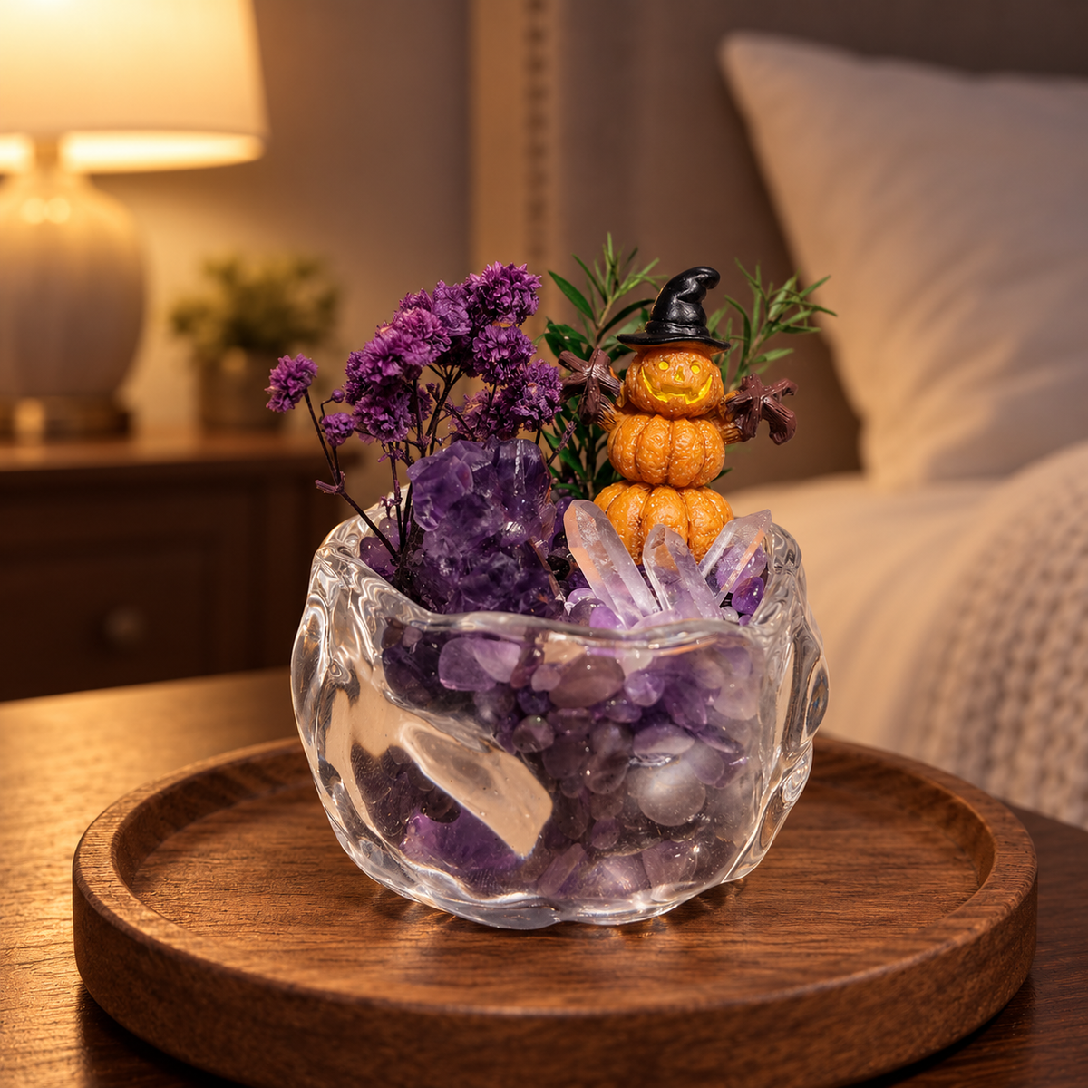 Amethyst & Clear Quartz Pumpkin Garden – Mini Halloween Decor