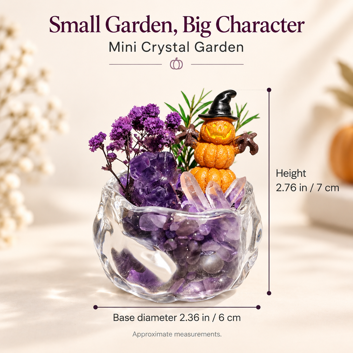Amethyst & Clear Quartz Pumpkin Garden – Mini Halloween Decor