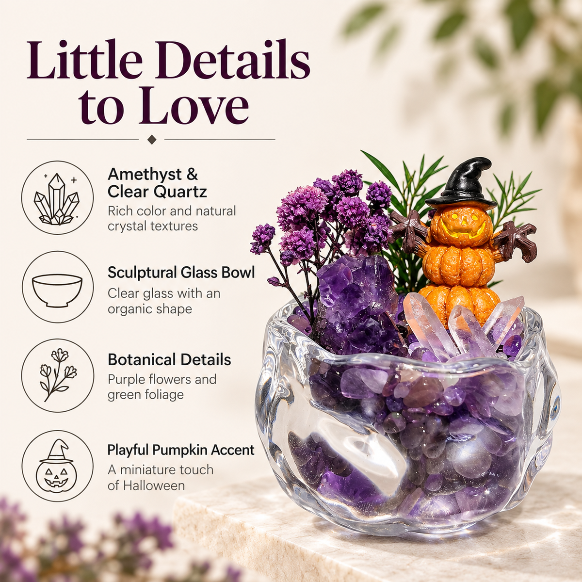 Amethyst & Clear Quartz Pumpkin Garden – Mini Halloween Decor