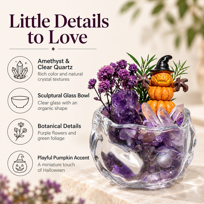 Amethyst & Clear Quartz Pumpkin Garden – Mini Halloween Decor
