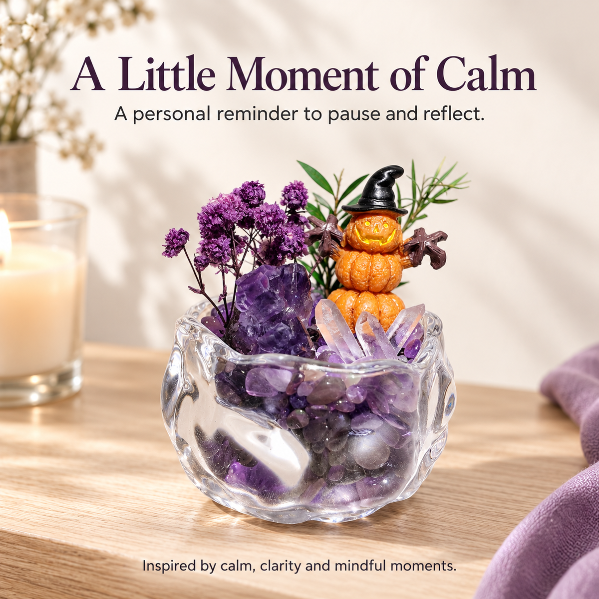 Amethyst & Clear Quartz Pumpkin Garden – Mini Halloween Decor