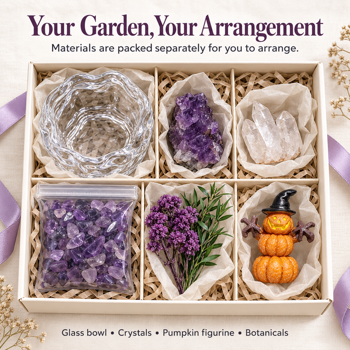 Amethyst & Clear Quartz Pumpkin Garden – Mini Halloween Decor