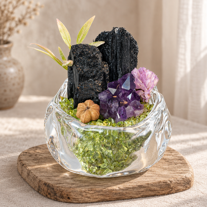 Black Tourmaline & Amethyst Garden – Mini Peridot Glass Bowl Decor