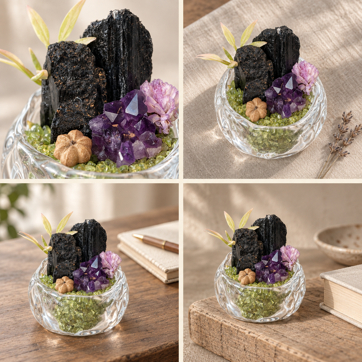 Black Tourmaline & Amethyst Garden – Mini Peridot Glass Bowl Decor