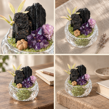 Black Tourmaline & Amethyst Garden – Mini Peridot Glass Bowl Decor