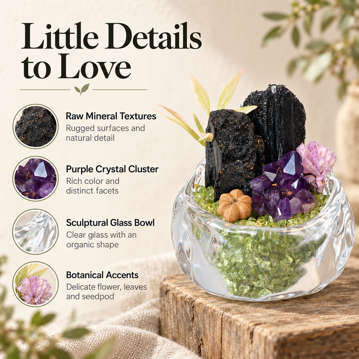 Black Tourmaline & Amethyst Garden – Mini Peridot Glass Bowl Decor