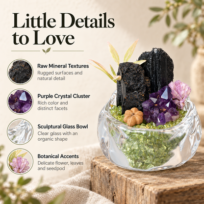 Black Tourmaline & Amethyst Garden – Mini Peridot Glass Bowl Decor