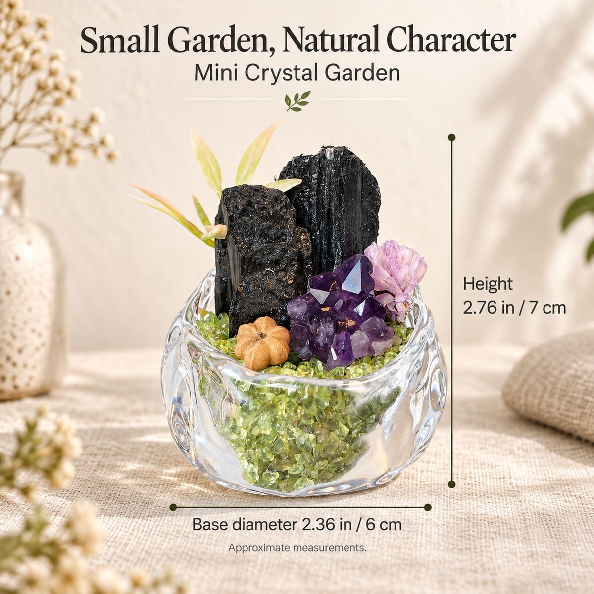 Black Tourmaline & Amethyst Garden – Mini Peridot Glass Bowl Decor