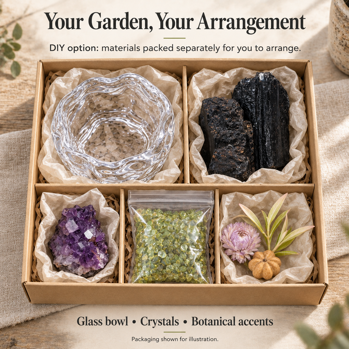 Black Tourmaline & Amethyst Garden – Mini Peridot Glass Bowl Decor