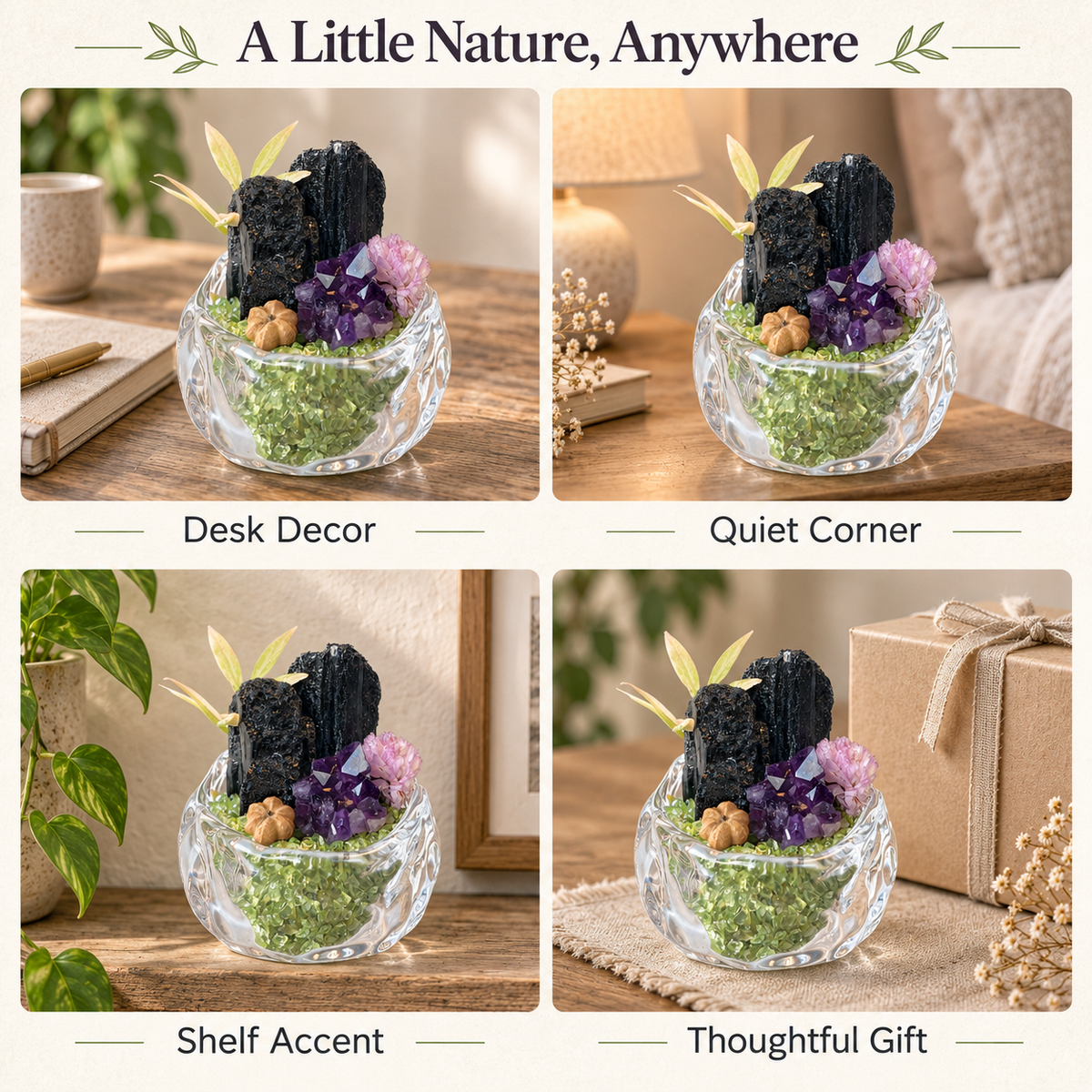 Black Tourmaline & Amethyst Garden – Mini Peridot Glass Bowl Decor