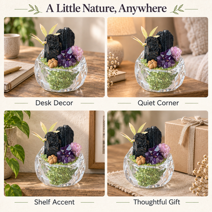 Black Tourmaline & Amethyst Garden – Mini Peridot Glass Bowl Decor