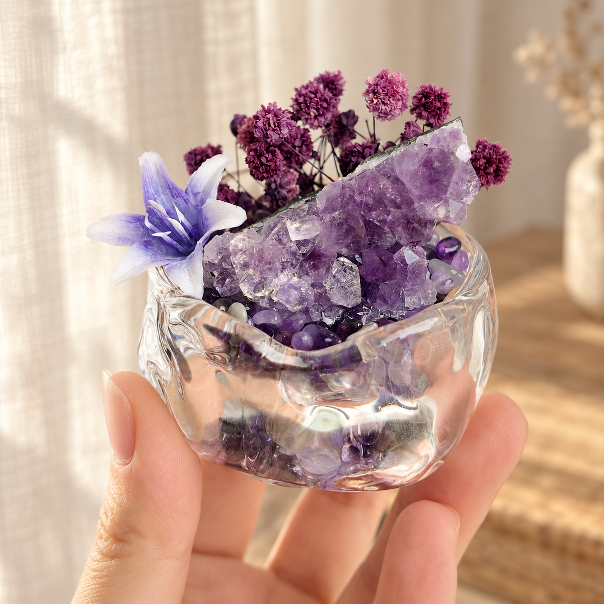 Amethyst Floral Garden – Mini Glass Bowl Decor