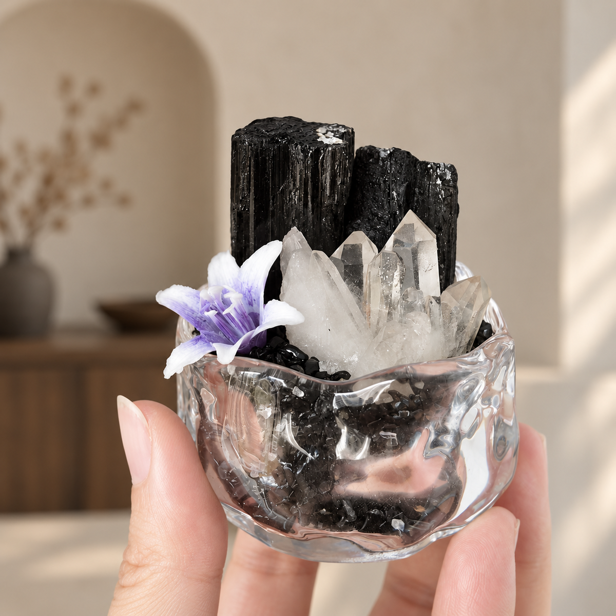 Black Tourmaline & Clear Quartz Garden – Mini Glass Bowl Decor