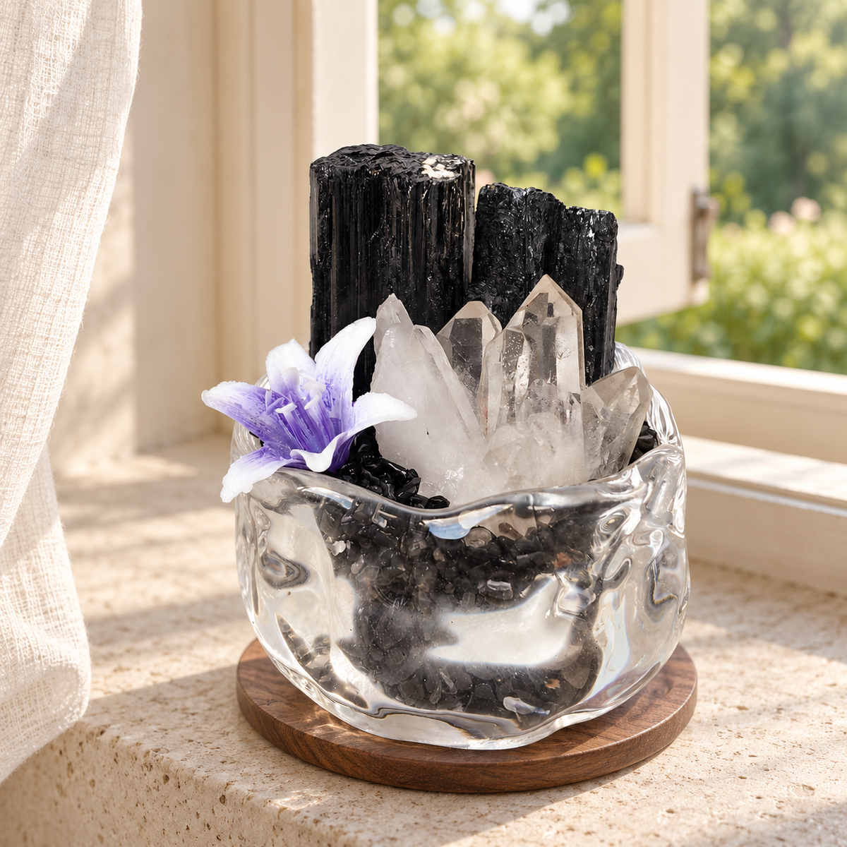 Black Tourmaline & Clear Quartz Garden – Mini Glass Bowl Decor