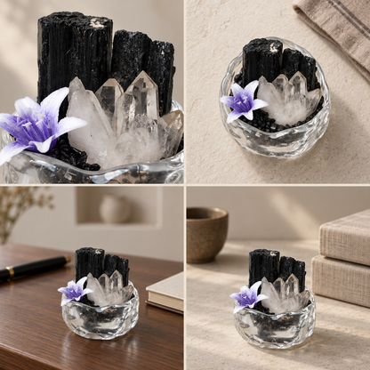 Black Tourmaline & Clear Quartz Garden – Mini Glass Bowl Decor