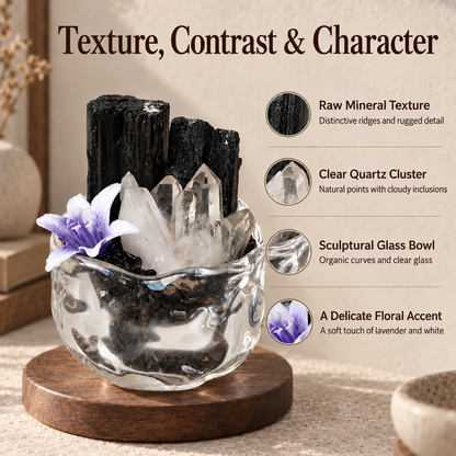 Black Tourmaline & Clear Quartz Garden – Mini Glass Bowl Decor