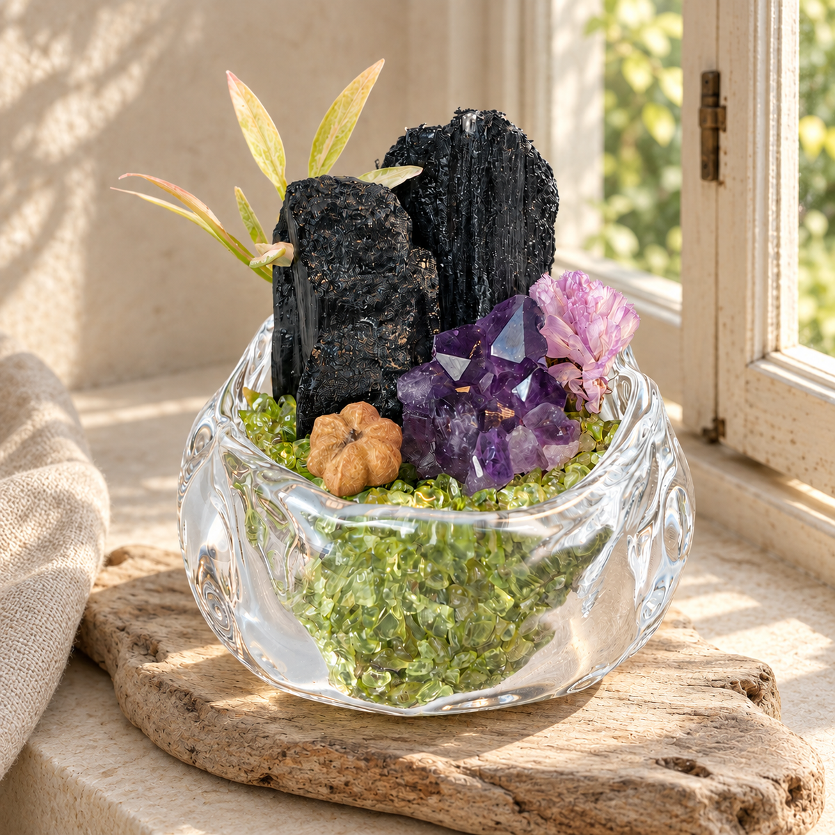 Black Tourmaline & Amethyst Garden – Mini Peridot Glass Bowl Decor