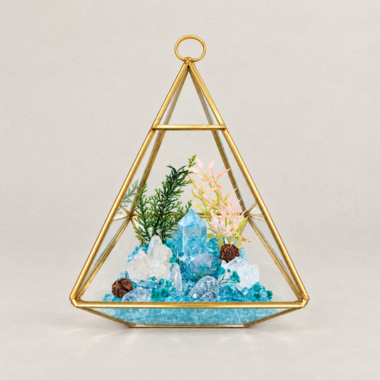 Aquamarine & Clear Quartz Crystal Terrarium – Gold Geometric Hanging Decor