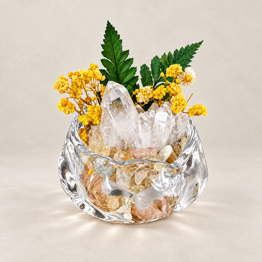 Clear Quartz Crystal Garden – Yellow Flowers & Sculptural Glass Bowl
