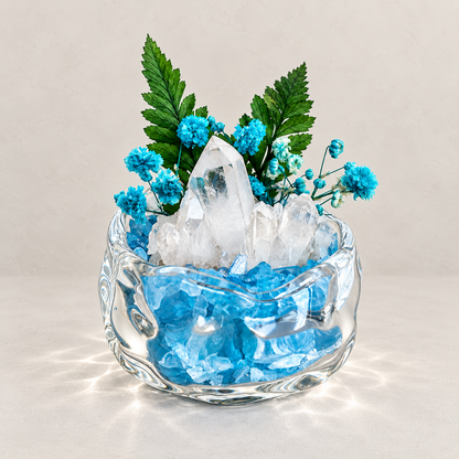 Aquamarine & Clear Quartz Crystal Garden – Blue Flowers & Glass Bowl
