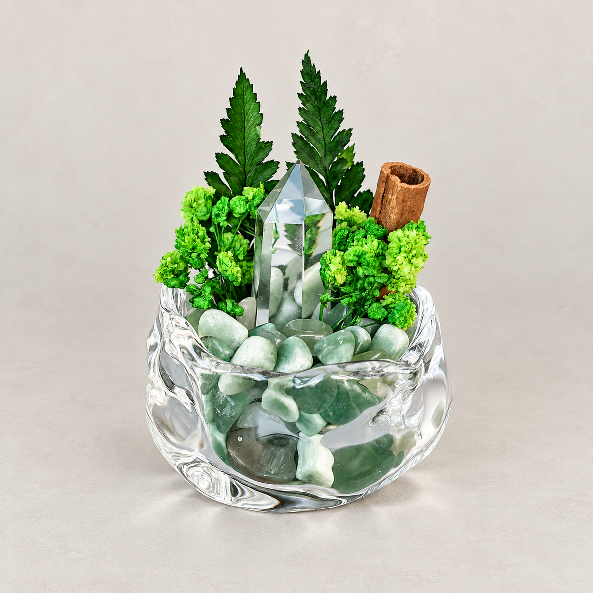 Green Crystal Garden – Clear Crystal Point & Botanical Decor