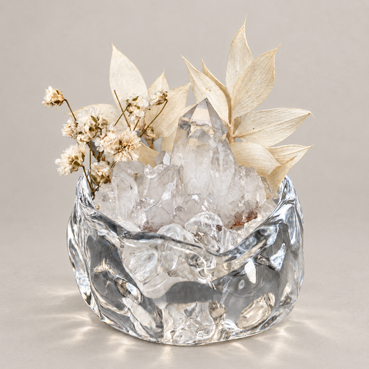 Clear Quartz Crystal Garden – Ivory Flowers & Sculptural Glass Bowl